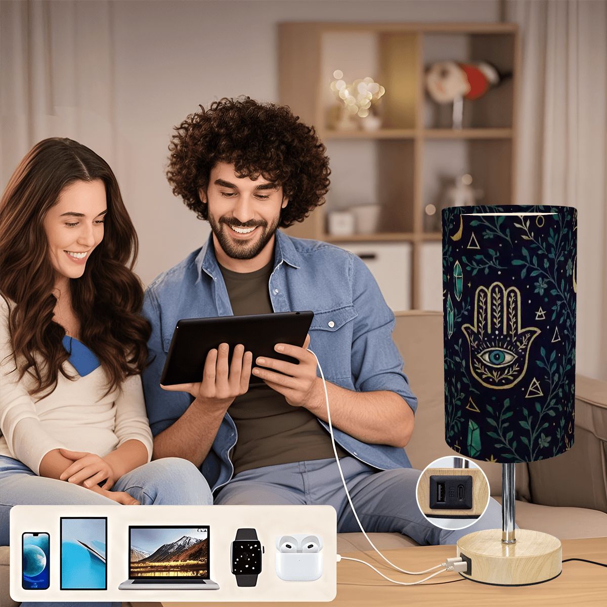 Sacred Light Touch Lamp – Boho Hamsa with USB Charging