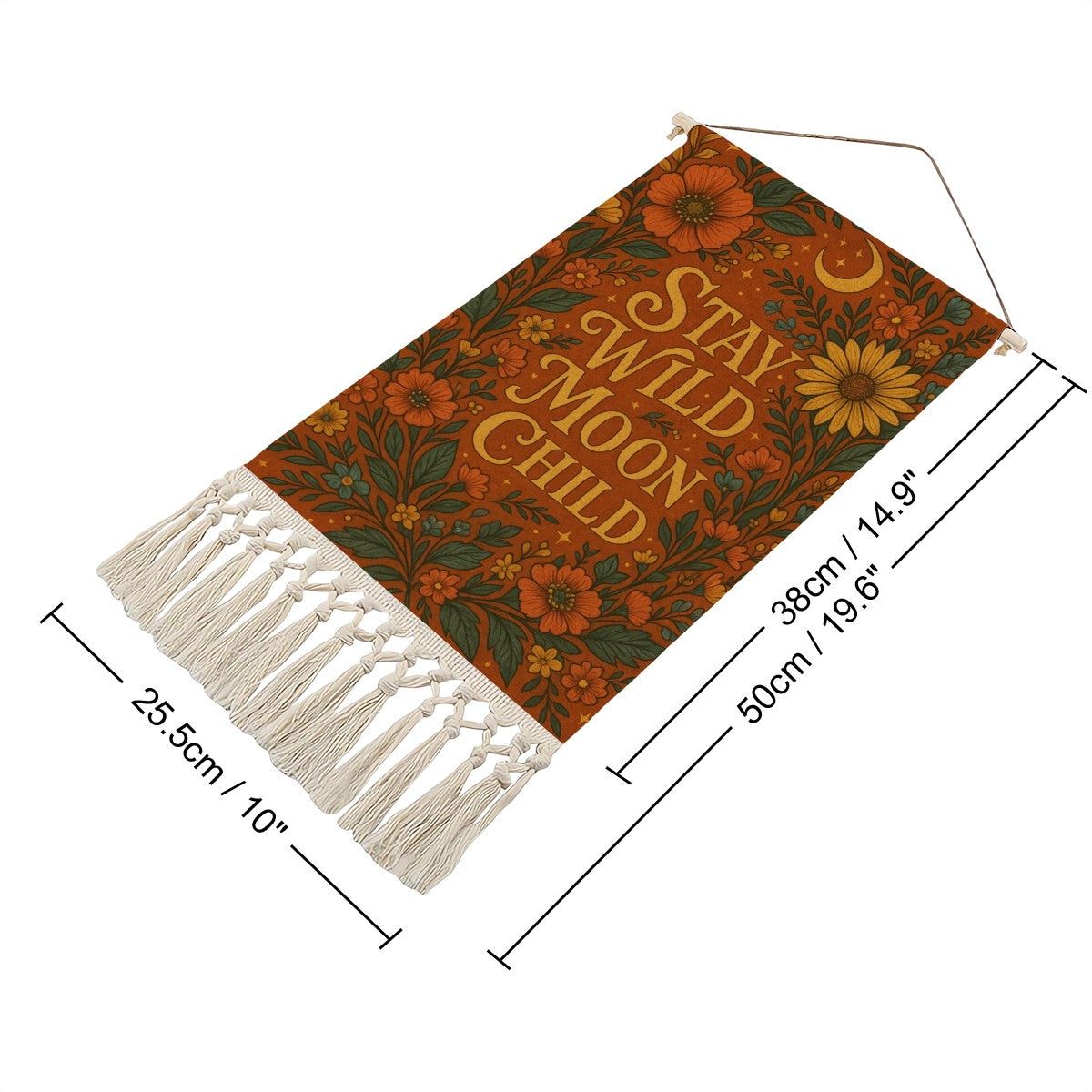 Boho Maximalist Cotton & Linen Wall Hanging – "Stay Wild Moon Child" Tapestry