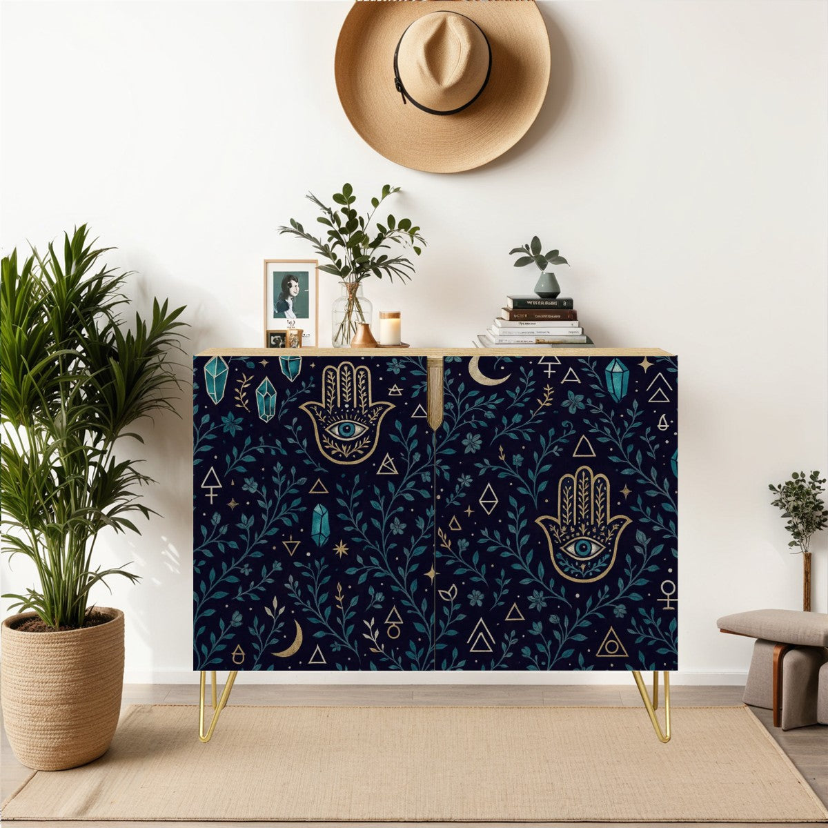 🌙 Mystic Hamsa Flip-Door Shoe Cabinet – Boho Moonlight 3-Tier Storage Organizer