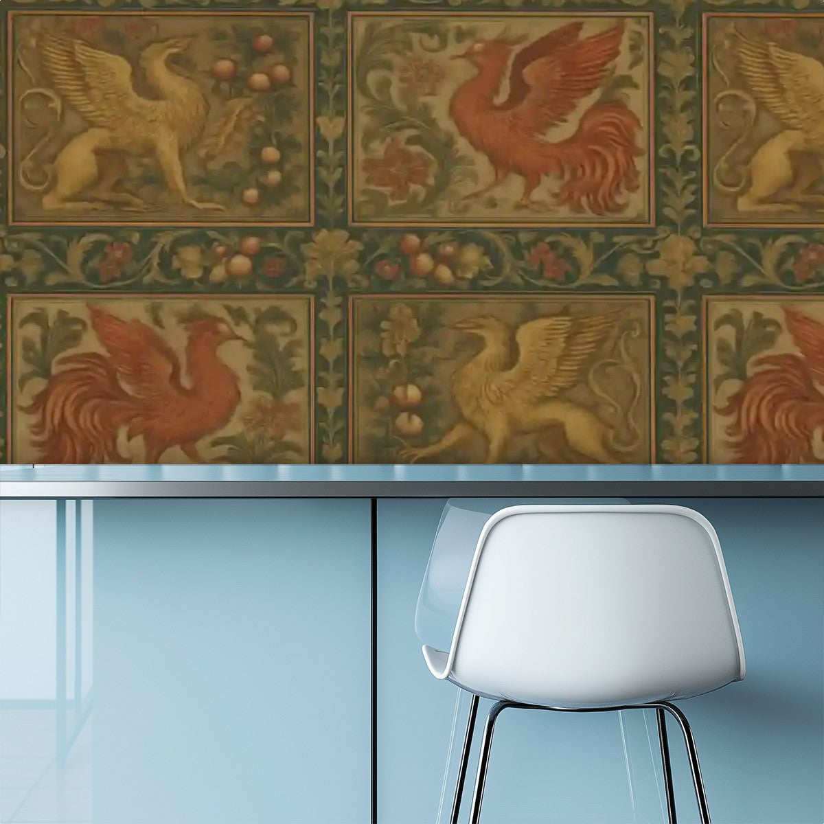 Medieval Mythical Birds Peel & Stick Wallpaper – 60"x50" (PVC, Waterproof, Easy Install)