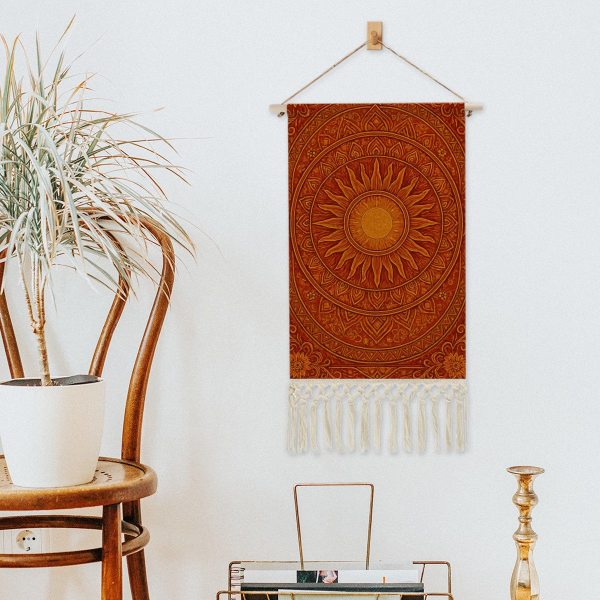 Radiant Sun Mandala Boho Wall Hanging | Warm Terracotta Linen Banner with Fringe | Maximalist Spiritual Art