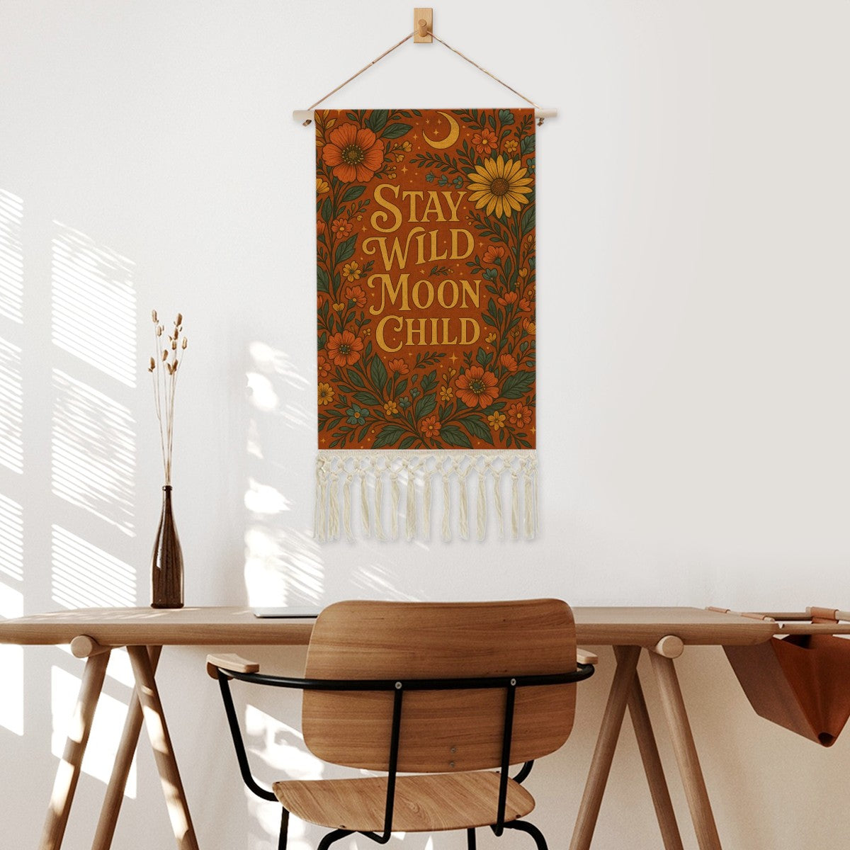 Boho Maximalist Cotton & Linen Wall Hanging – "Stay Wild Moon Child" Tapestry