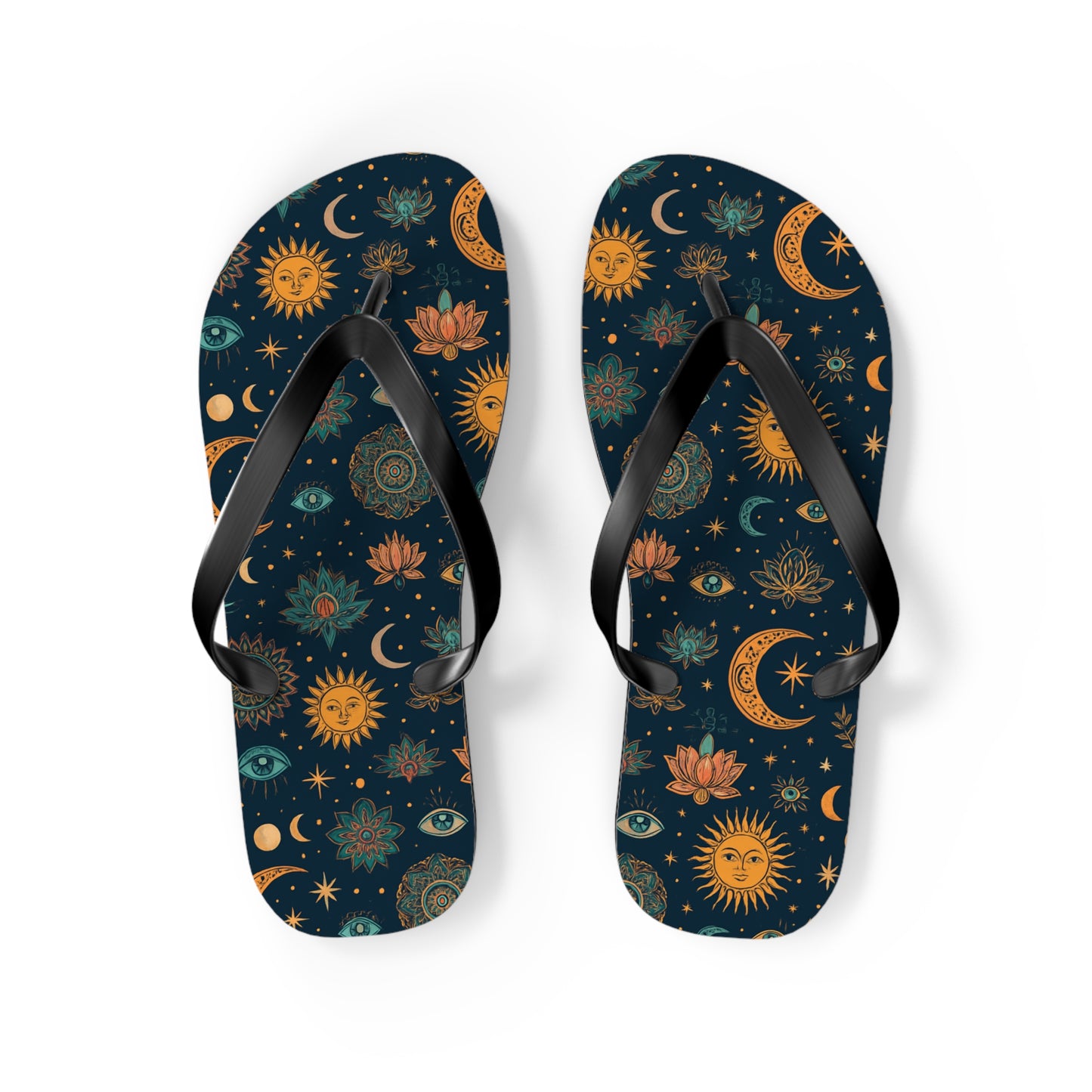 Celestial Print Flip Flops - Bohemian Sun & Moon Design for Summer Adventures