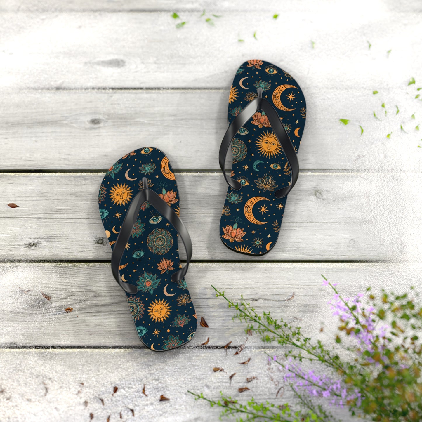 Celestial Print Flip Flops - Bohemian Sun & Moon Design for Summer Adventures