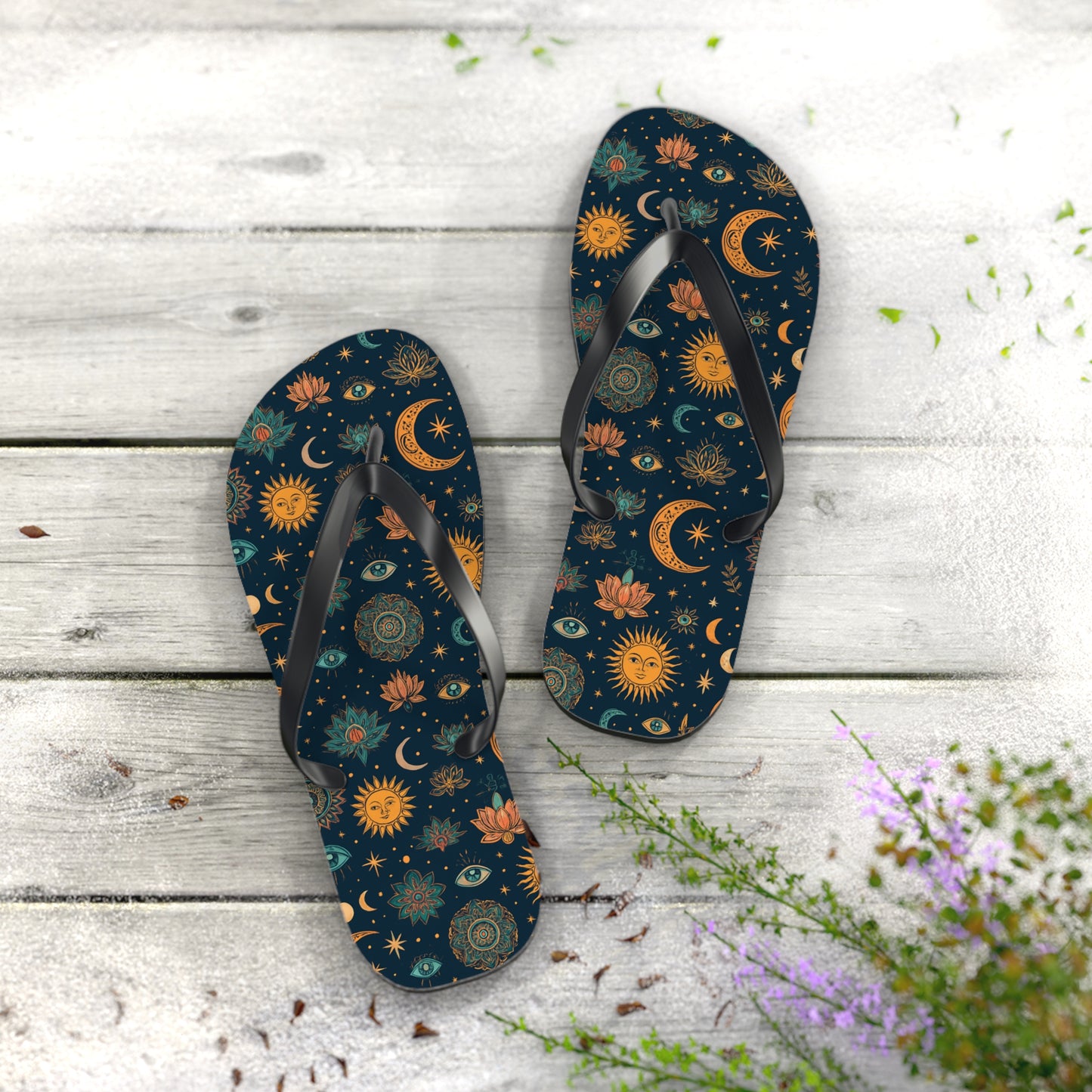 Celestial Print Flip Flops - Bohemian Sun & Moon Design for Summer Adventures