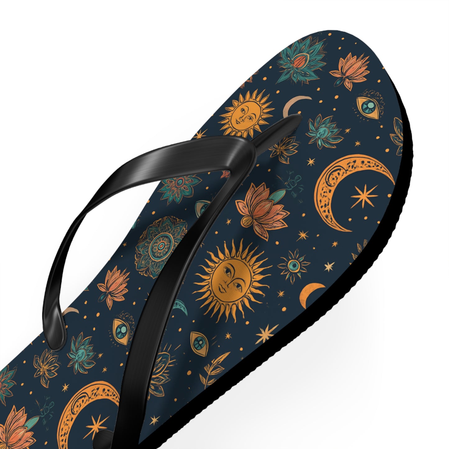 Celestial Print Flip Flops - Bohemian Sun & Moon Design for Summer Adventures