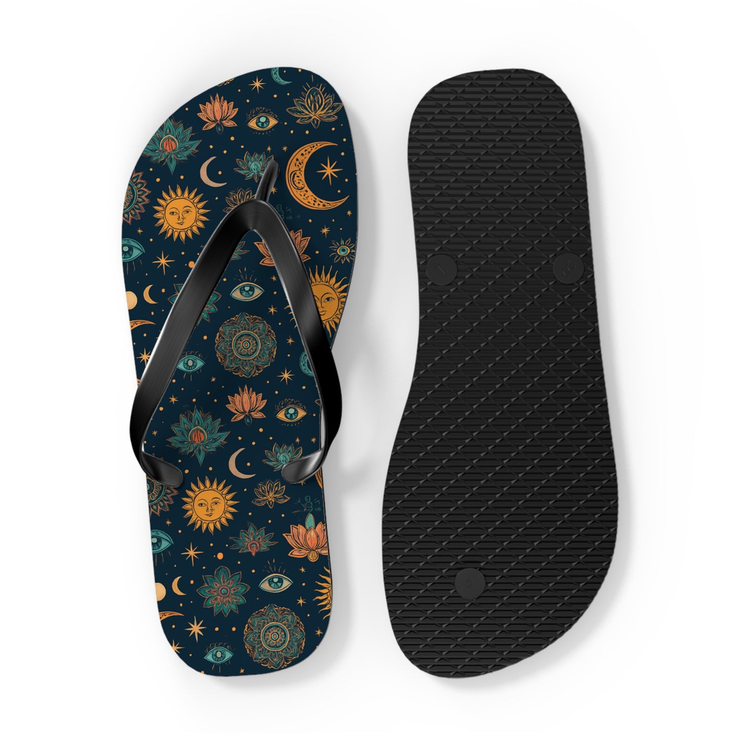 Celestial Print Flip Flops - Bohemian Sun & Moon Design for Summer Adventures