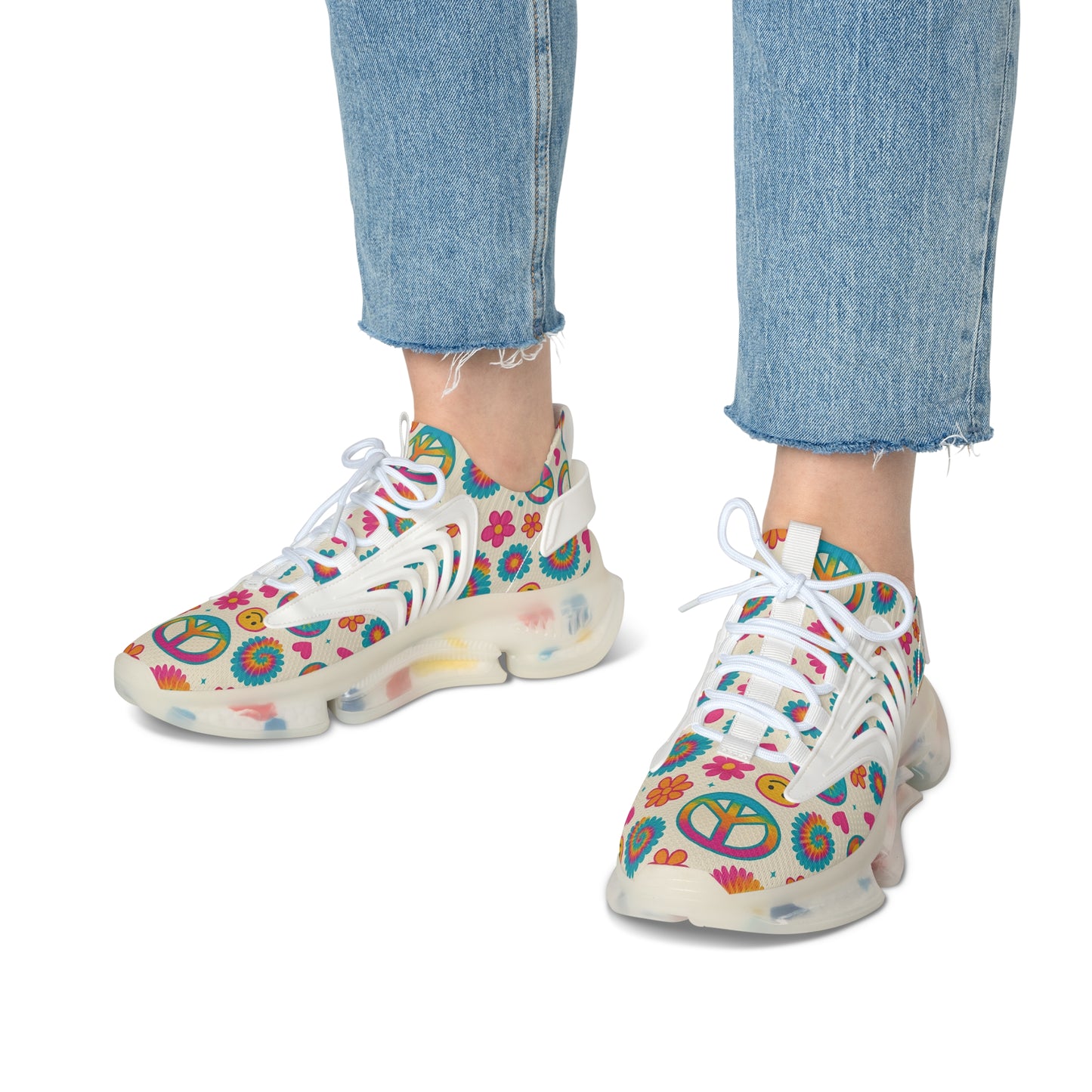 Colorful Women's Mesh Sneakers with Peace and Smile Design