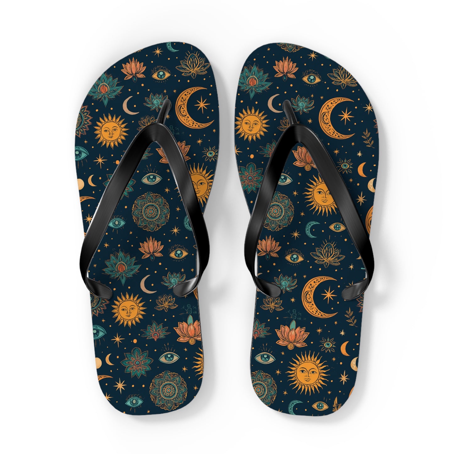 Celestial Print Flip Flops - Bohemian Sun & Moon Design for Summer Adventures
