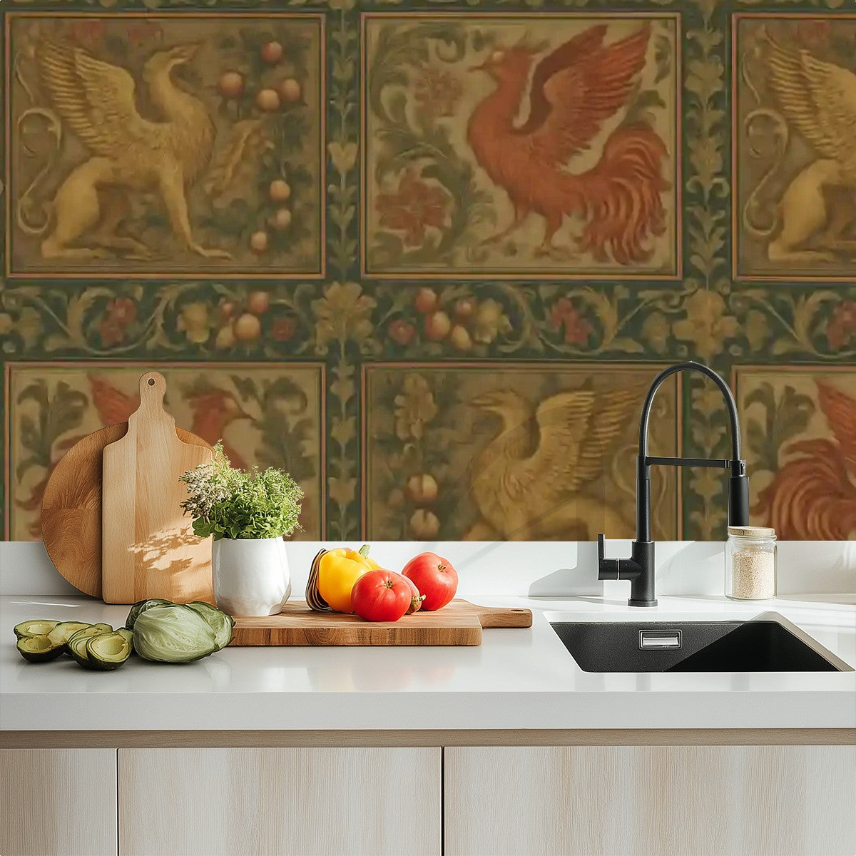Medieval Mythical Birds Peel & Stick Wallpaper – 60"x50" (PVC, Waterproof, Easy Install)