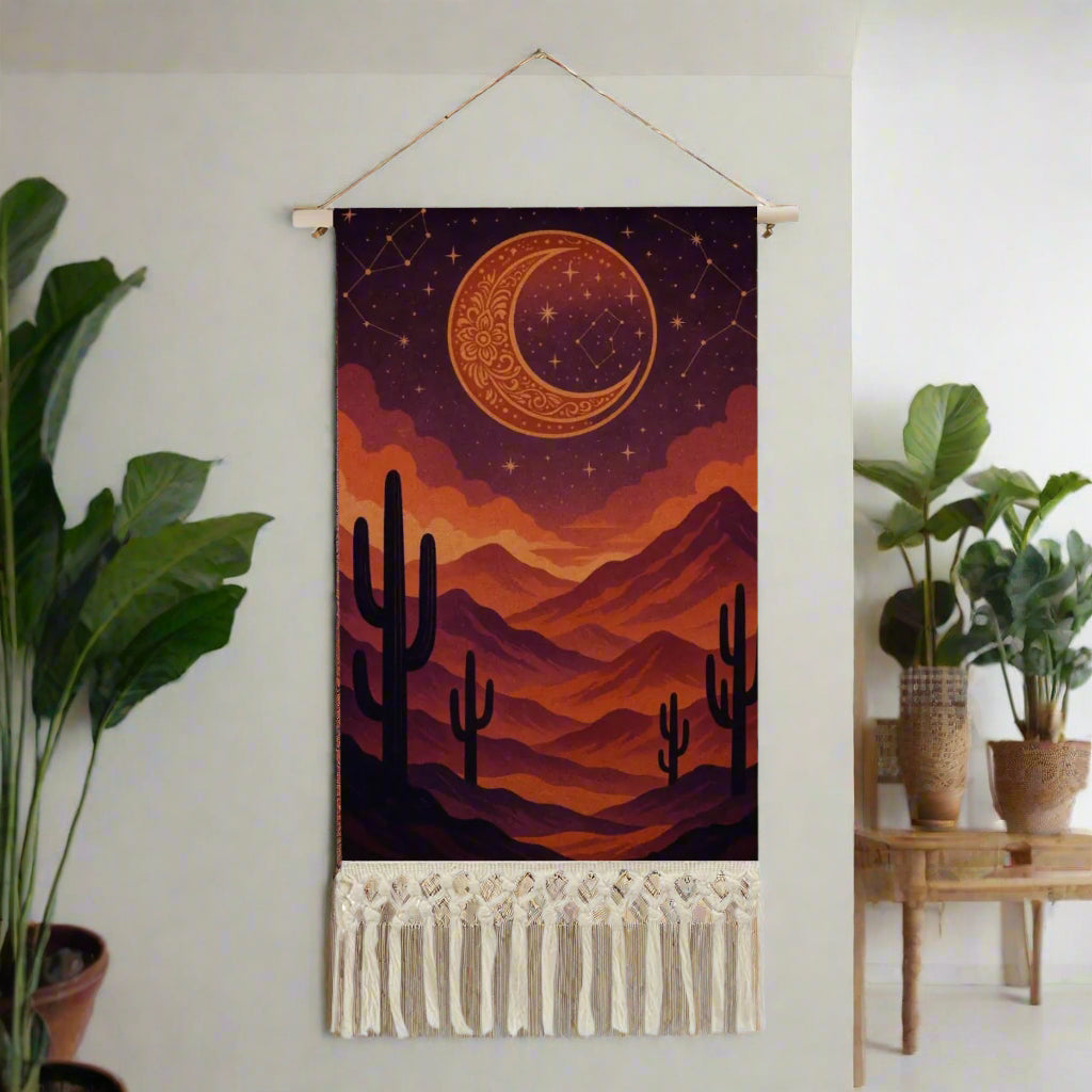🌵 Desert Moon Boho Wall Hanging – Cotton Linen Art Tapestry (19.6"x10.0")