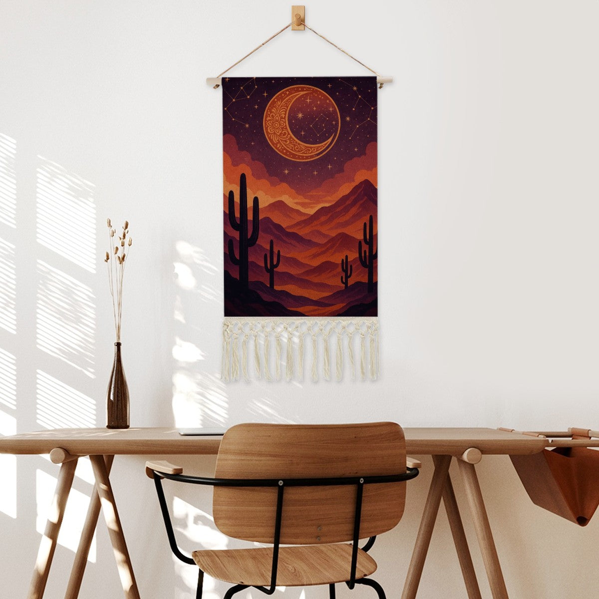 🌵 Desert Moon Boho Wall Hanging – Cotton Linen Art Tapestry (19.6"x10.0")