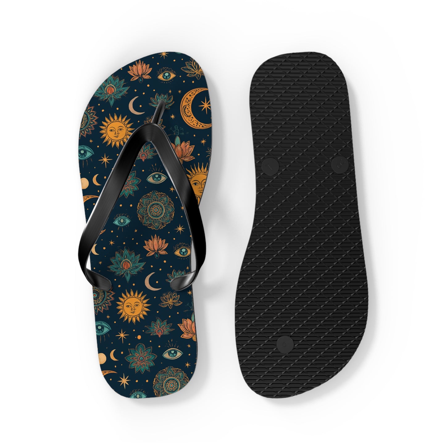 Celestial Print Flip Flops - Bohemian Sun & Moon Design for Summer Adventures