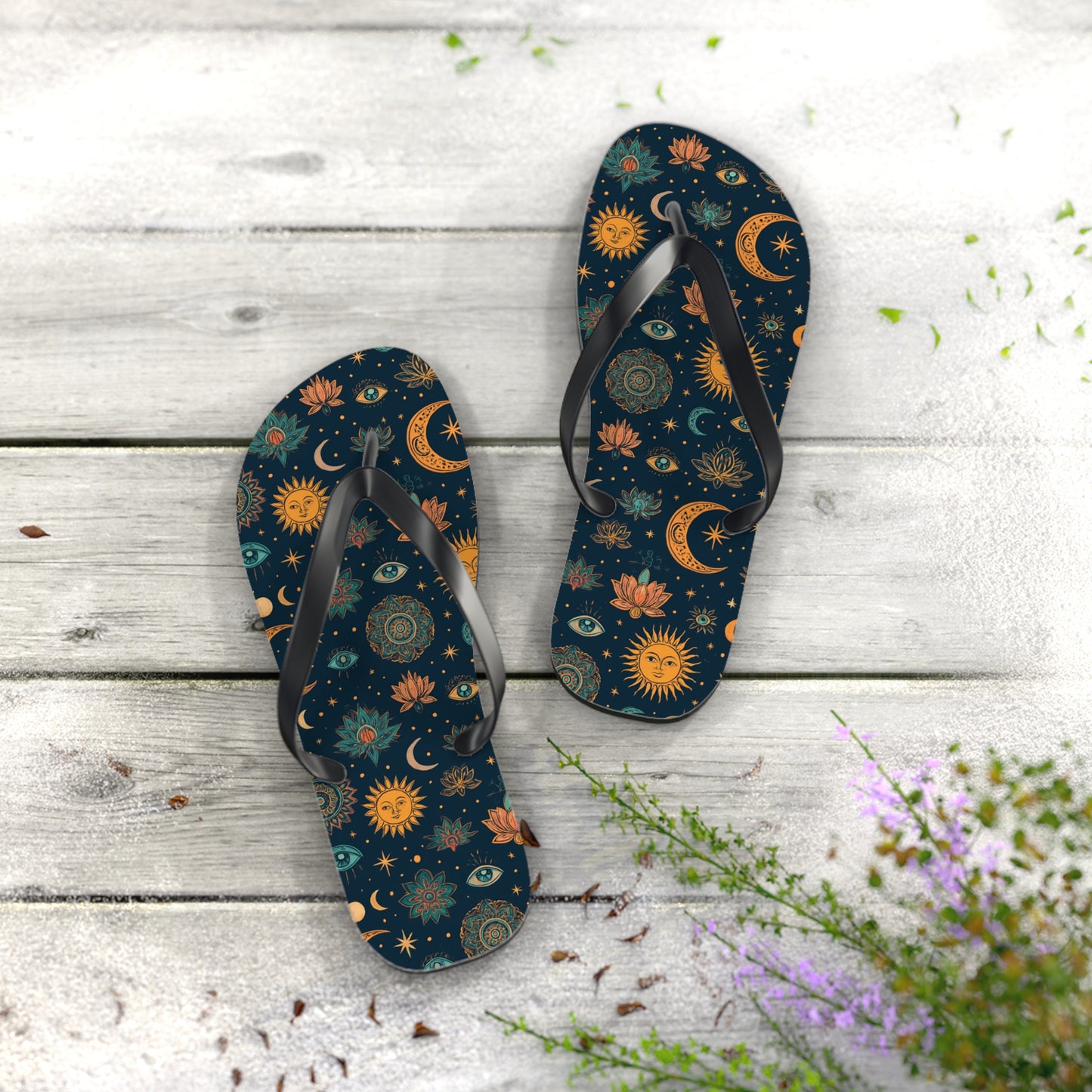 Celestial Print Flip Flops - Bohemian Sun & Moon Design for Summer Adventures