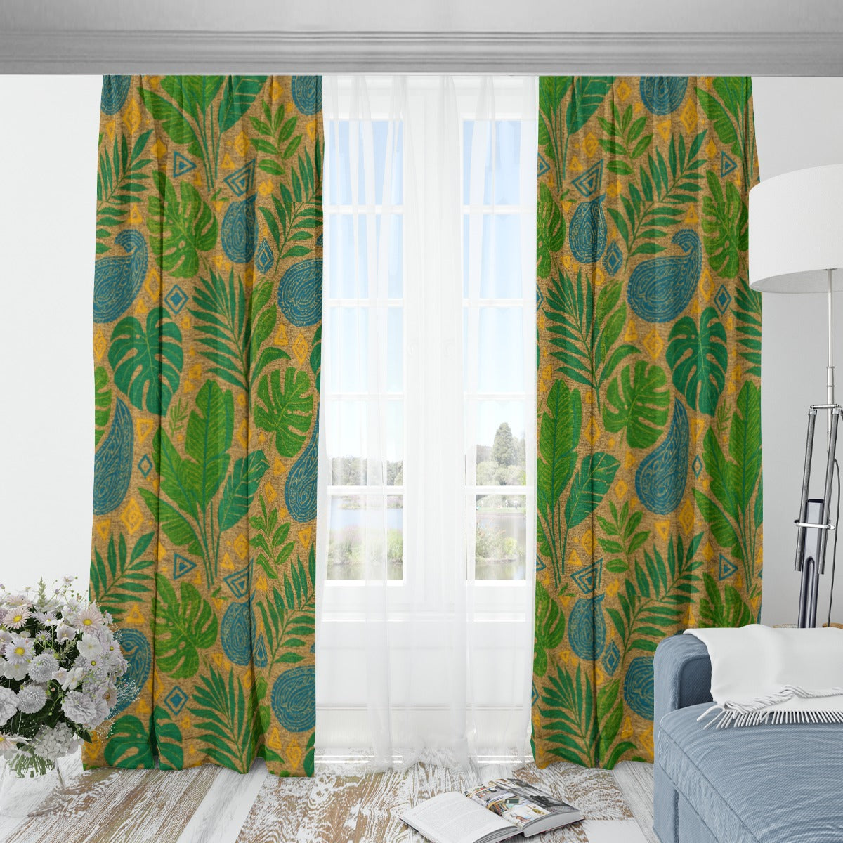 Tropical Jungle Boho Blackout Curtains – Green Leaf Print