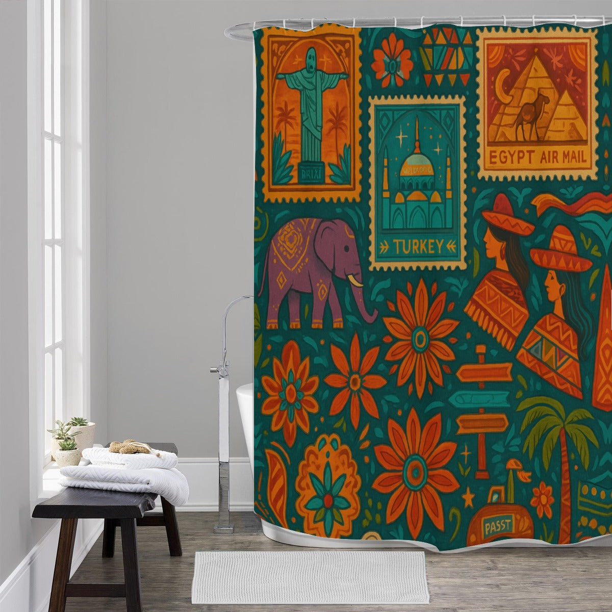 🌍 “Postcards from Everywhere” Boho Shower Curtain | Waterproof | 120×180cm