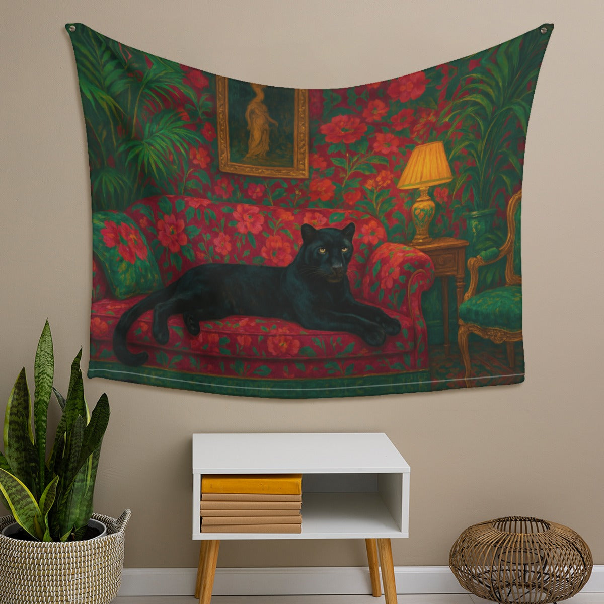 π€ Panther on the Floral Throne Tapestry β Boho Maximalist Wall Art