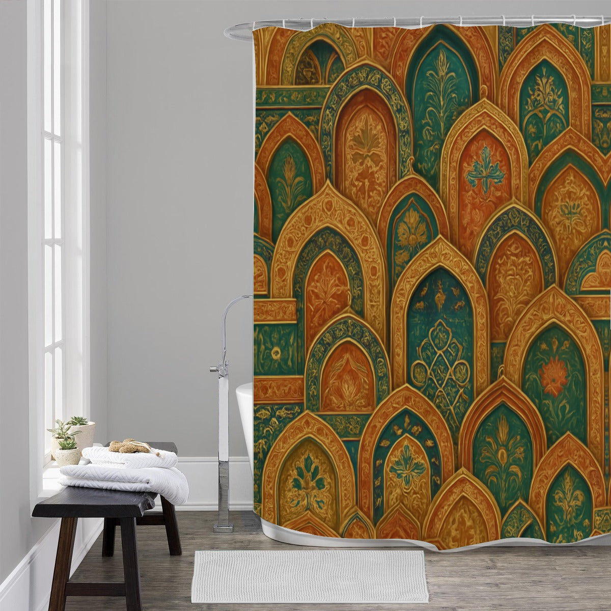 🕌 “Golden Arches” Luxe Boho Shower Curtain | Waterproof | 120×180cm