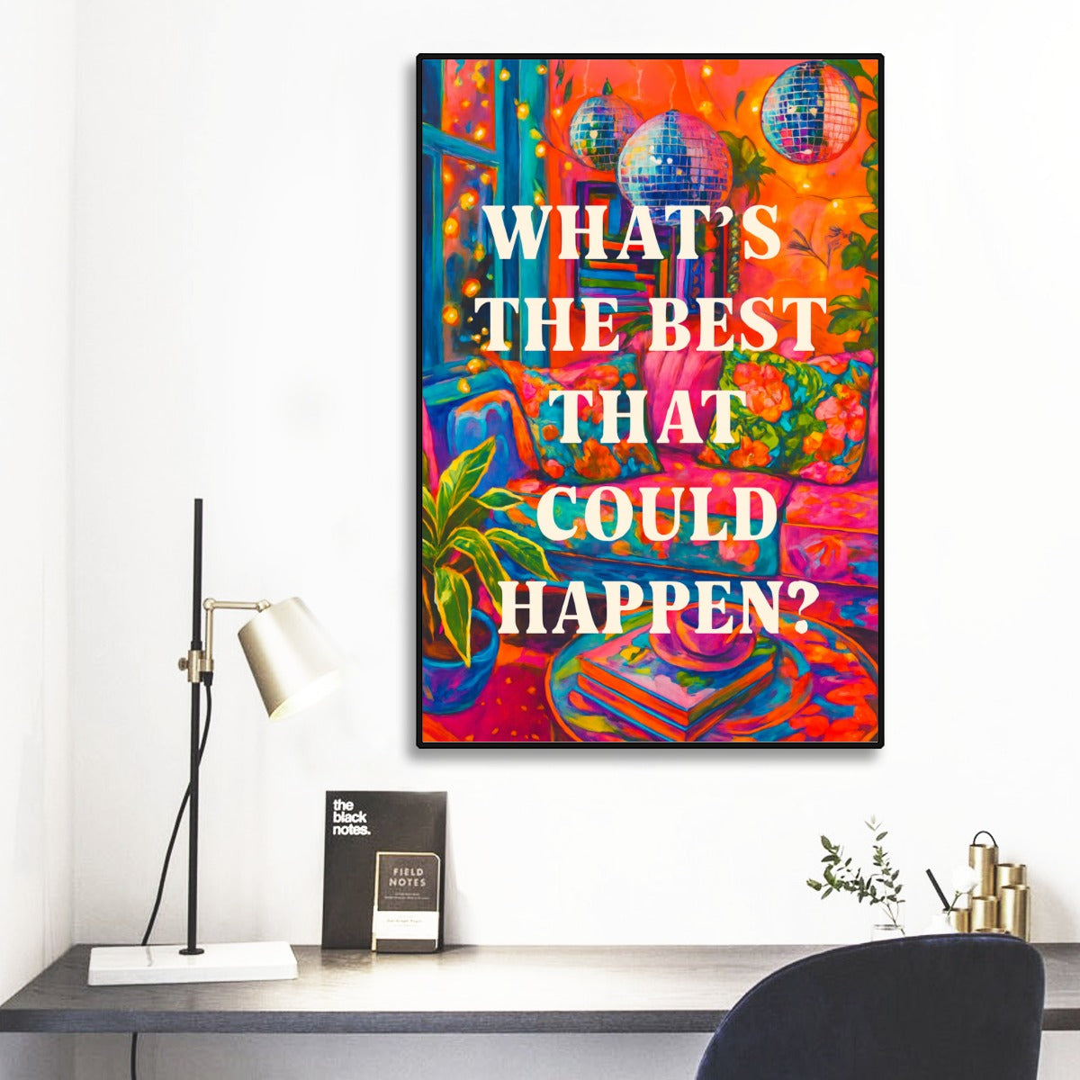 🌈 “What’s The Best That Could Happen?” Black Frame Mural – Bold Positivity for Boho Maximalist Spaces