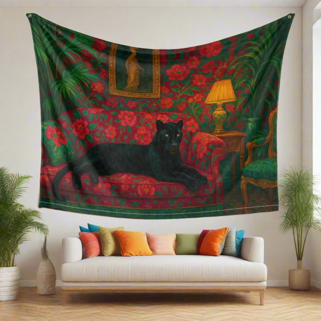 π€ Panther on the Floral Throne Tapestry β Boho Maximalist Wall Art