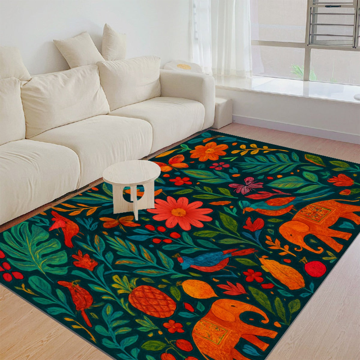 Boho Jungle Spirit Rug – Tropical Elephant Print Floor Mat with Non-Slip Backing