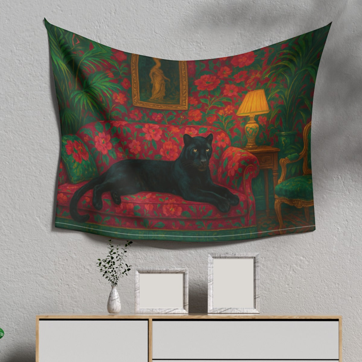 π€ Panther on the Floral Throne Tapestry β Boho Maximalist Wall Art