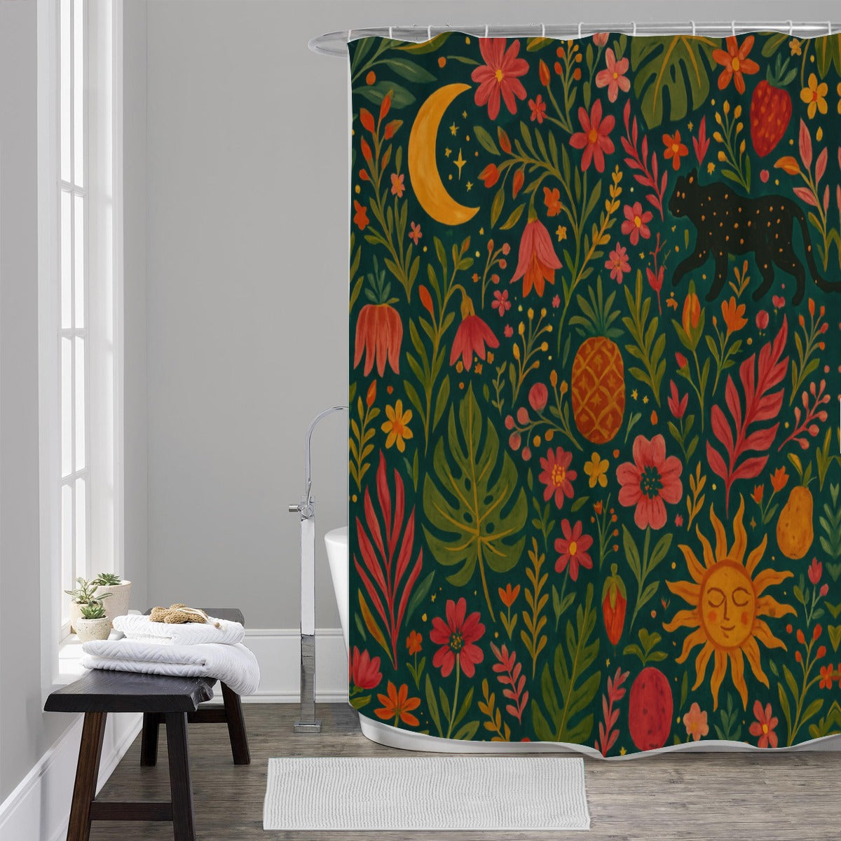 🌞 “Sun & Panther Garden” Boho Shower Curtain | Waterproof | 120×180cm