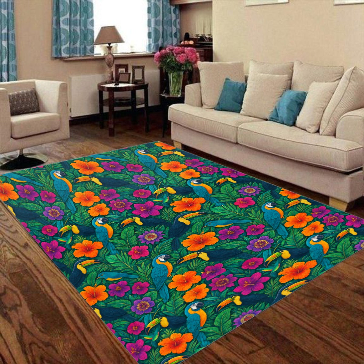 Tropical Toucan & Parrot Foldable Floor Mat – Soft, Non-Slip, Boho Jungle Style