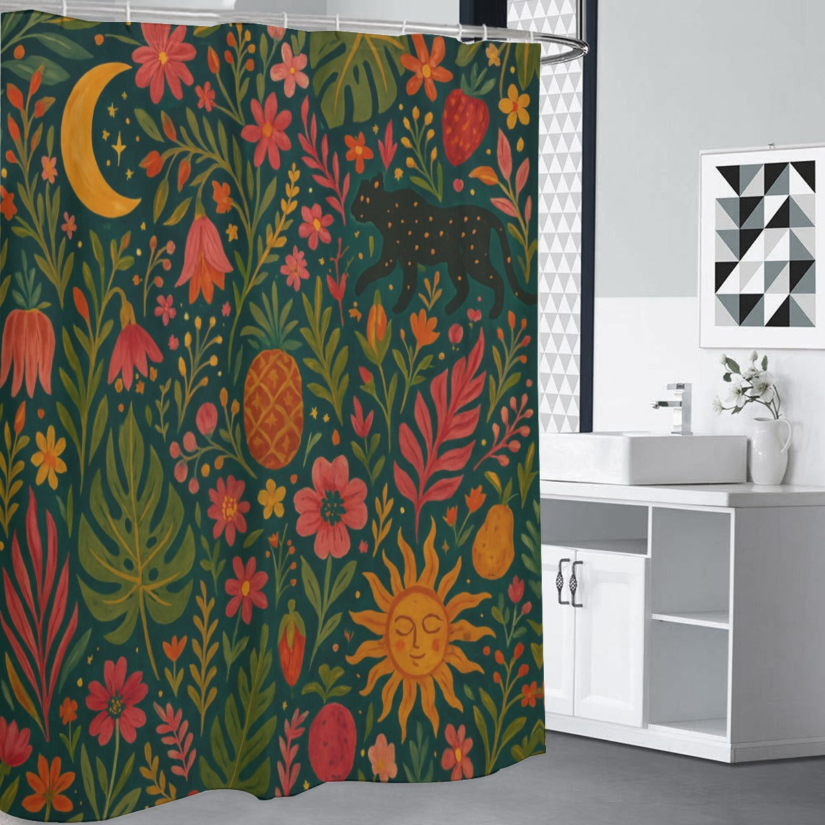 🌞 “Sun & Panther Garden” Boho Shower Curtain | Waterproof | 120×180cm