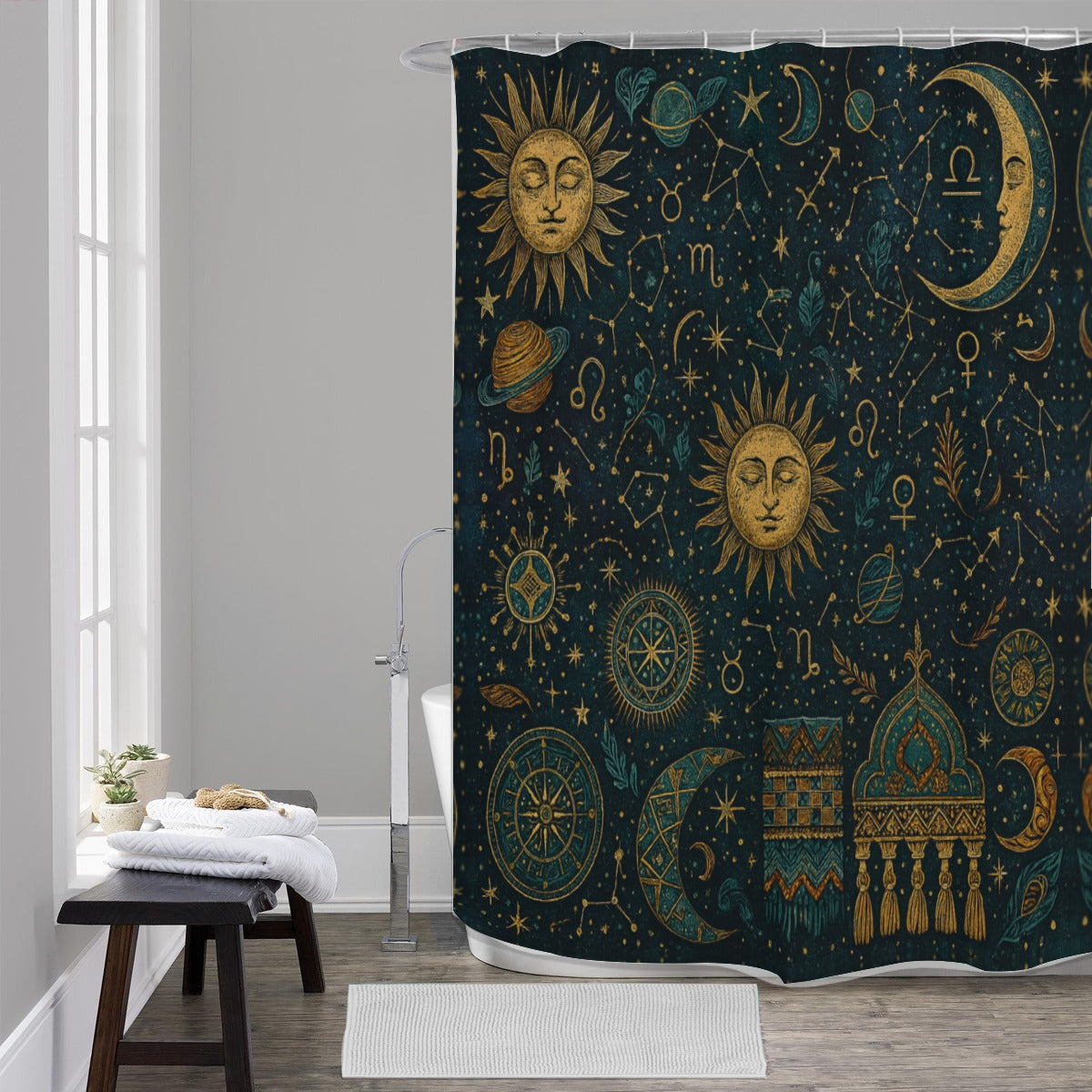 🔮 “Zodiac Dreams” Boho Shower Curtain | Waterproof | 120×180cm