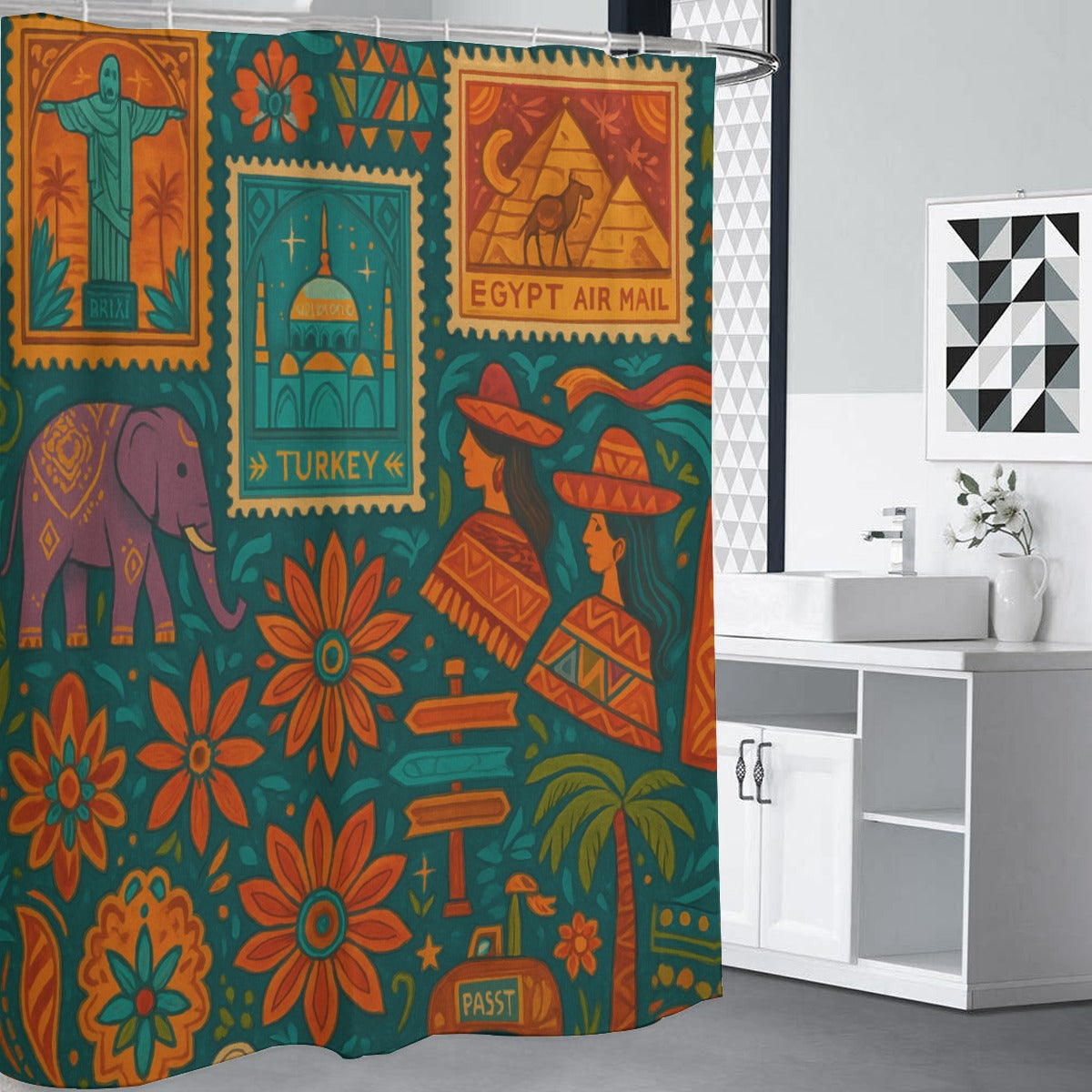 🌍 “Postcards from Everywhere” Boho Shower Curtain | Waterproof | 120×180cm