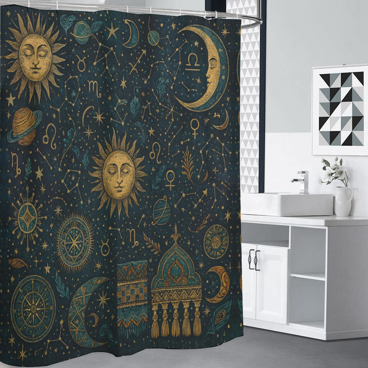 🔮 “Zodiac Dreams” Boho Shower Curtain | Waterproof | 120×180cm