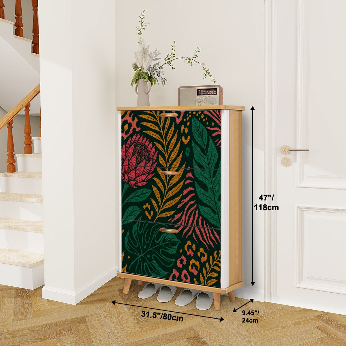 🌿 Wild Spirit Flip-Door Shoe Cabinet – 3-Tier Boho Jungle Glam Storage