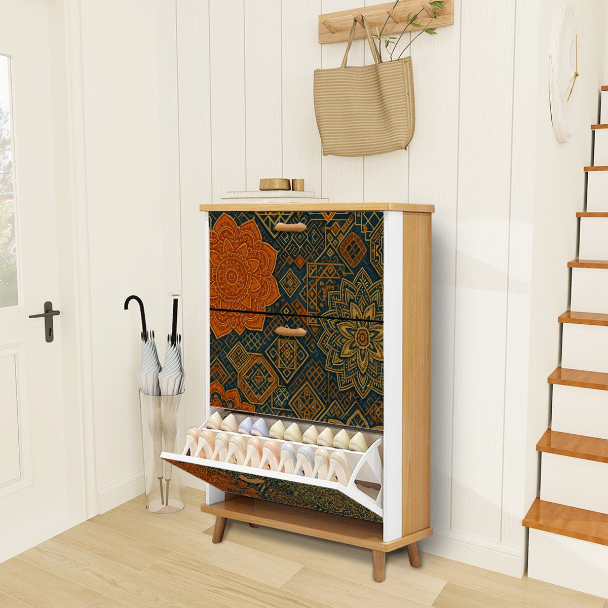 🧡 Desert Mandala Flip-Door Shoe Cabinet – 3-Tier Boho Storage with Earthy Geometric Print