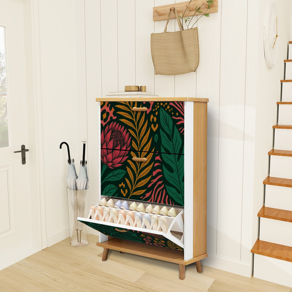 🌿 Wild Spirit Flip-Door Shoe Cabinet – 3-Tier Boho Jungle Glam Storage