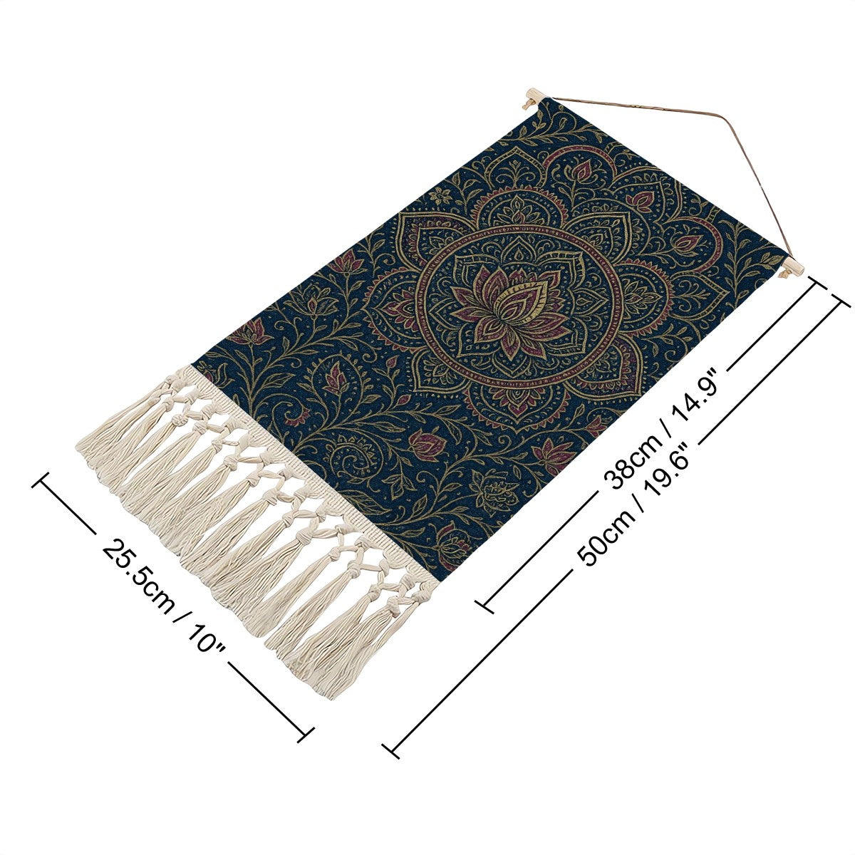 Indigo Lotus Mandala Boho Wall Hanging | Cotton Linen Banner with Fringe | Maximalist Spiritual Decor
