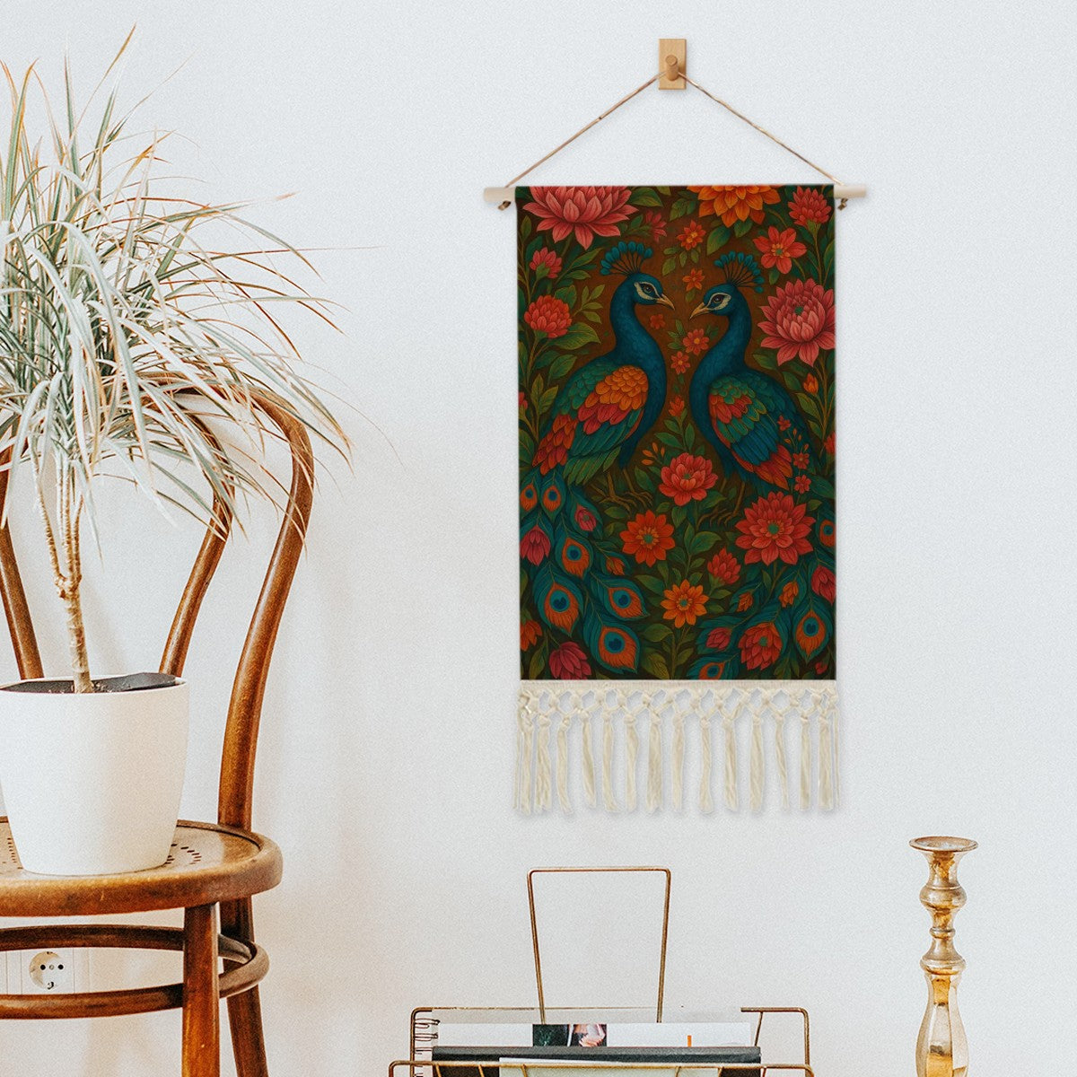 Boho Maximalist Cotton & Linen Wall Hanging – Vibrant Peacock & Floral Tapestry