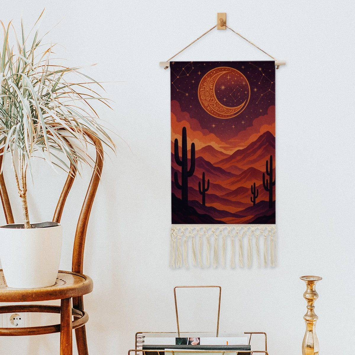 🌵 Desert Moon Boho Wall Hanging – Cotton Linen Art Tapestry (19.6"x10.0")