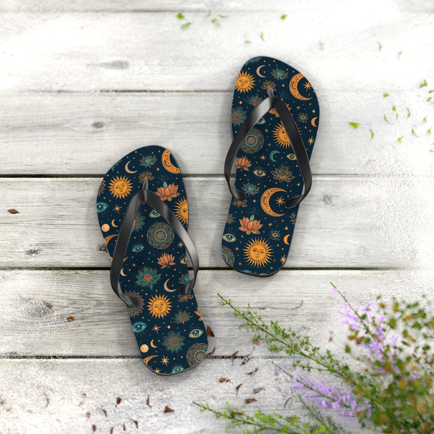 Celestial Print Flip Flops - Bohemian Sun & Moon Design for Summer Adventures