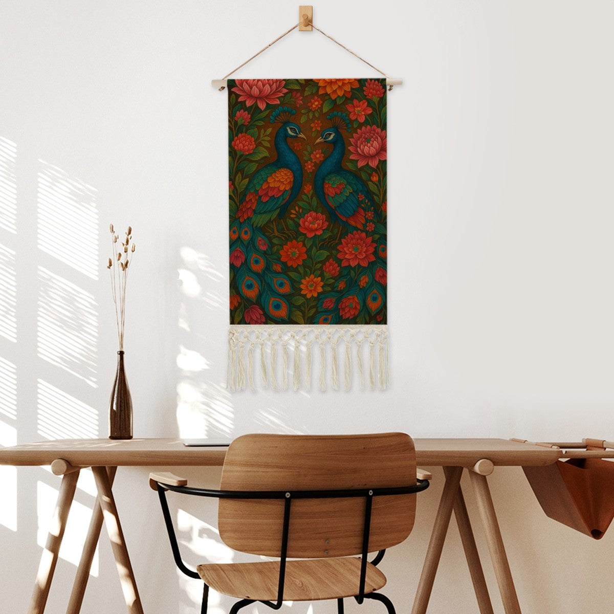 Boho Maximalist Cotton & Linen Wall Hanging – Vibrant Peacock & Floral Tapestry