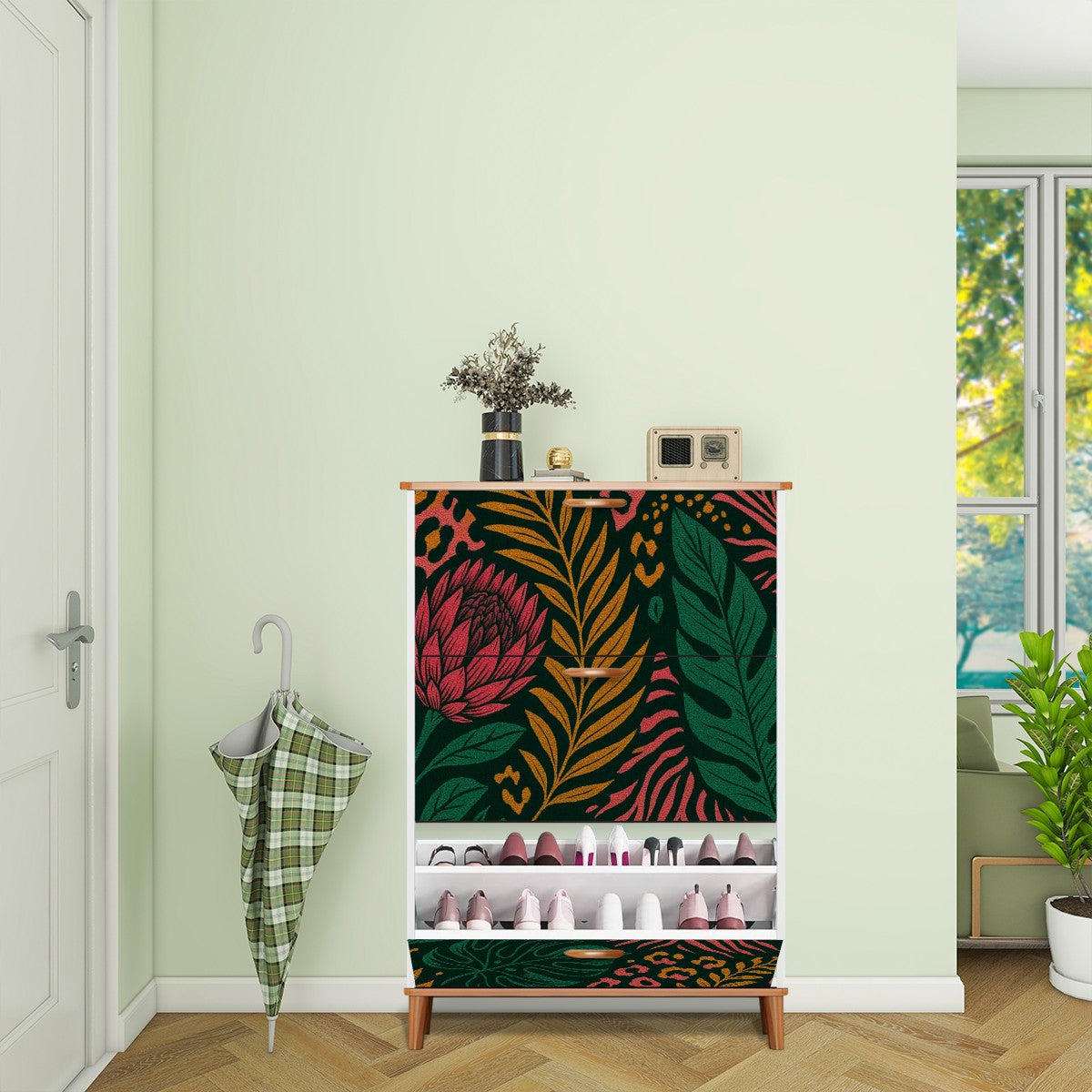 🌿 Wild Spirit Flip-Door Shoe Cabinet – 3-Tier Boho Jungle Glam Storage