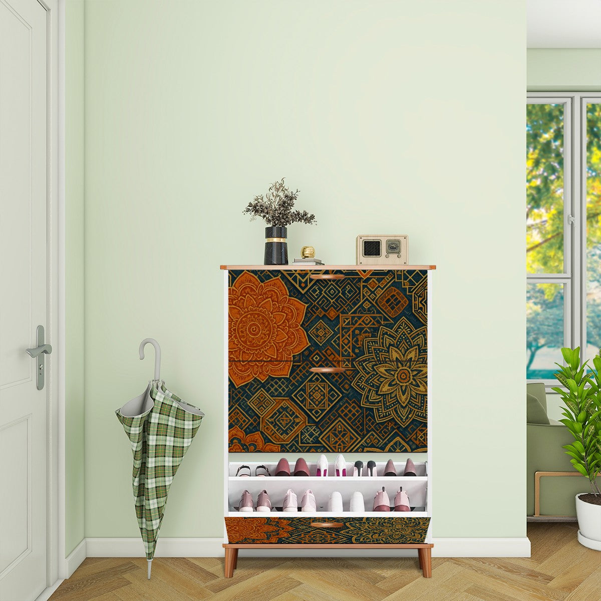 🧡 Desert Mandala Flip-Door Shoe Cabinet – 3-Tier Boho Storage with Earthy Geometric Print