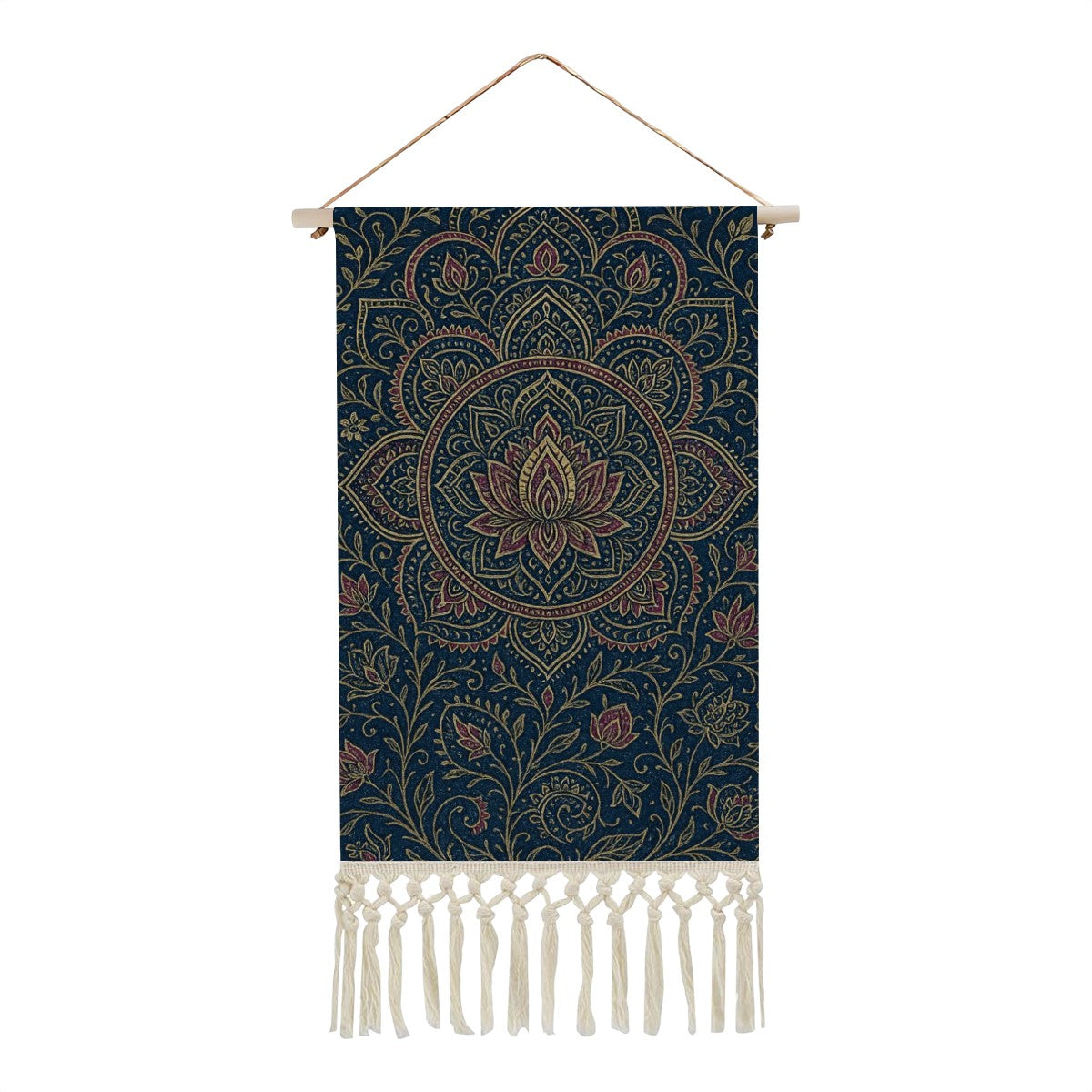 Indigo Lotus Mandala Boho Wall Hanging | Cotton Linen Banner with Fringe | Maximalist Spiritual Decor