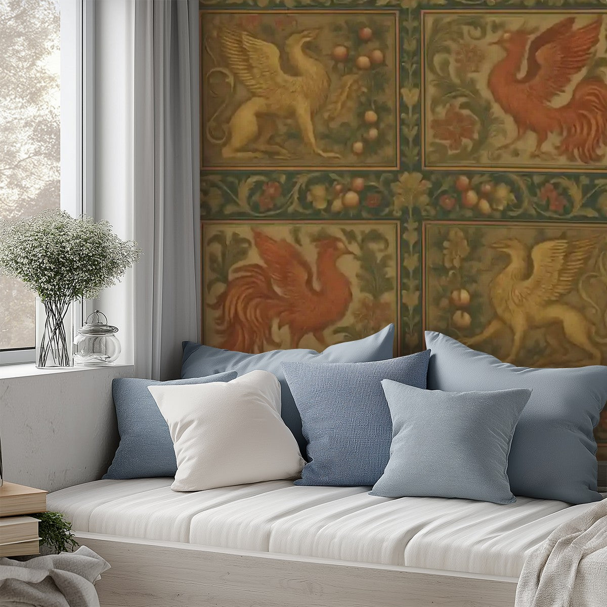 Medieval Mythical Birds Peel & Stick Wallpaper – 60"x50" (PVC, Waterproof, Easy Install)