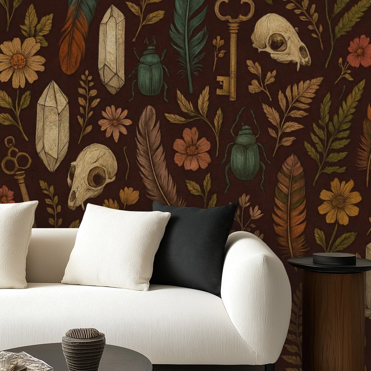 Mystical Feathers & Forest Skulls Peel & Stick Wallpaper – 60"x50" (PVC, Waterproof, Easy Install)