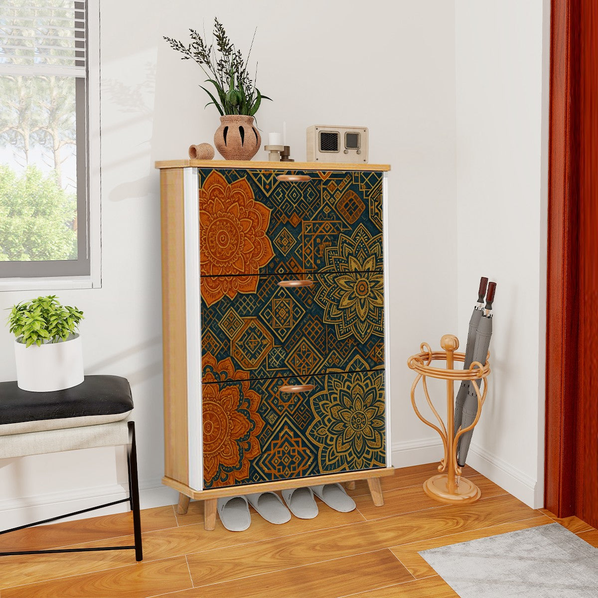 🧡 Desert Mandala Flip-Door Shoe Cabinet – 3-Tier Boho Storage with Earthy Geometric Print