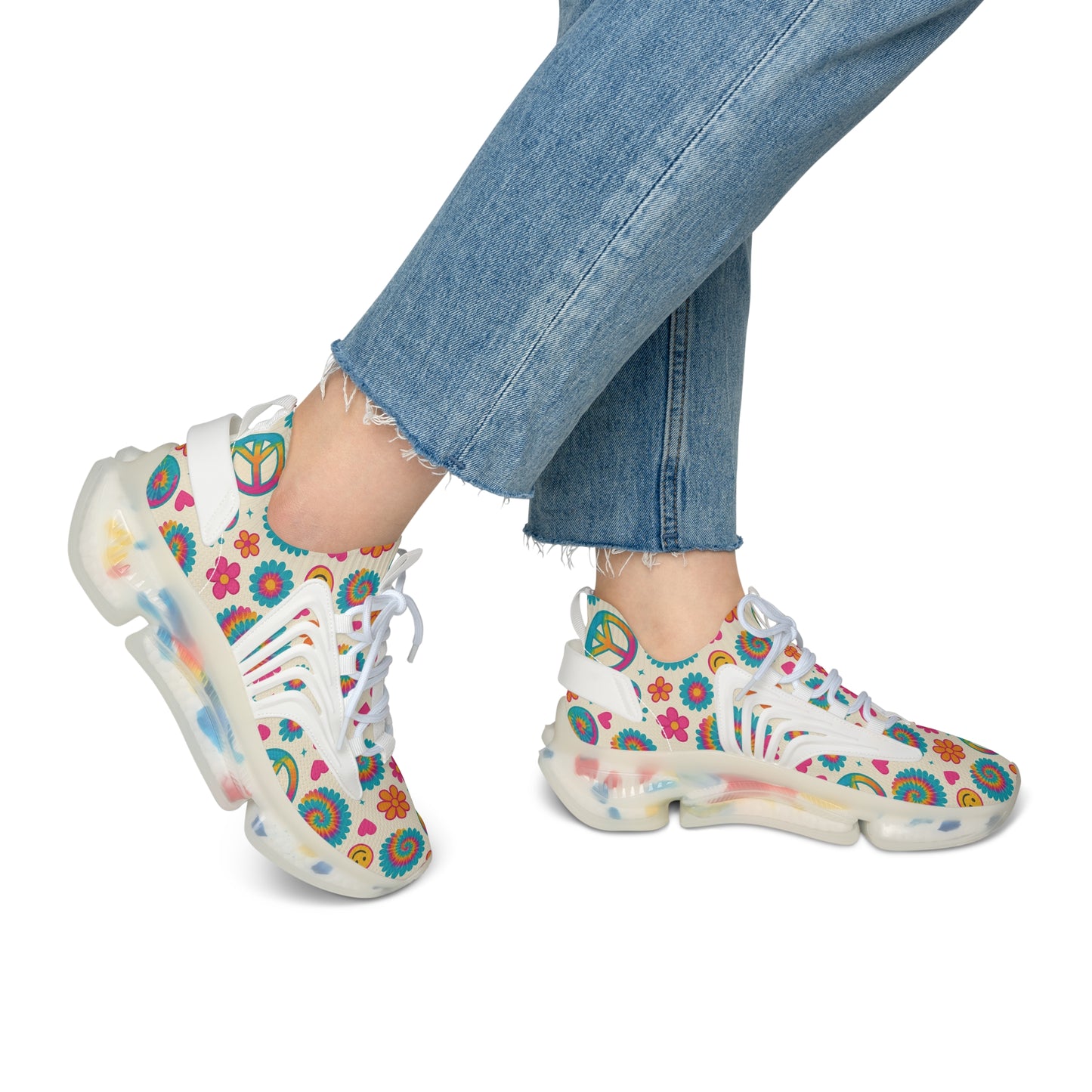 Colorful Women's Mesh Sneakers with Peace and Smile Design