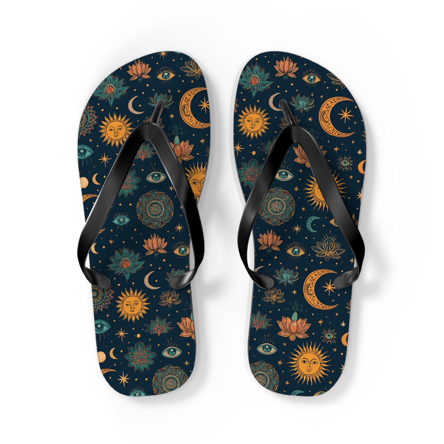 Celestial Print Flip Flops - Bohemian Sun & Moon Design for Summer Adventures