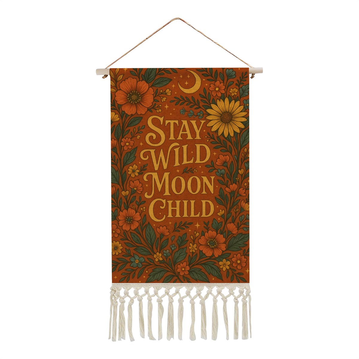 Boho Maximalist Cotton & Linen Wall Hanging – "Stay Wild Moon Child" Tapestry