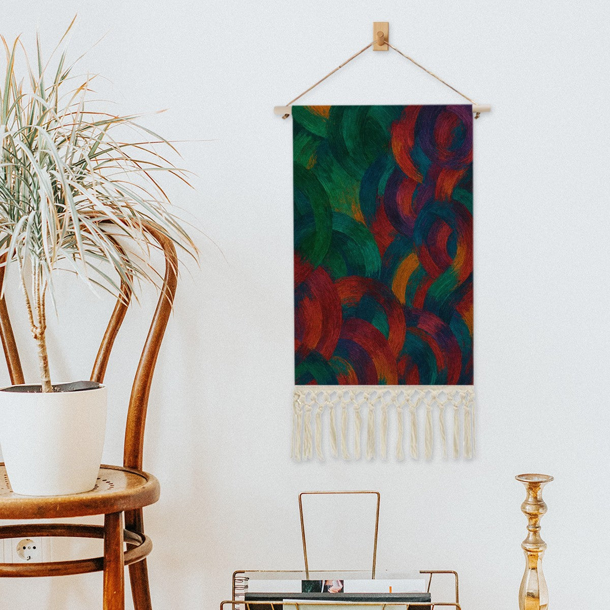 Abstract Jewel Tone Boho Wall Hanging | Vibrant Cotton Linen Banner with Fringe | Maximalist Painterly Art Print